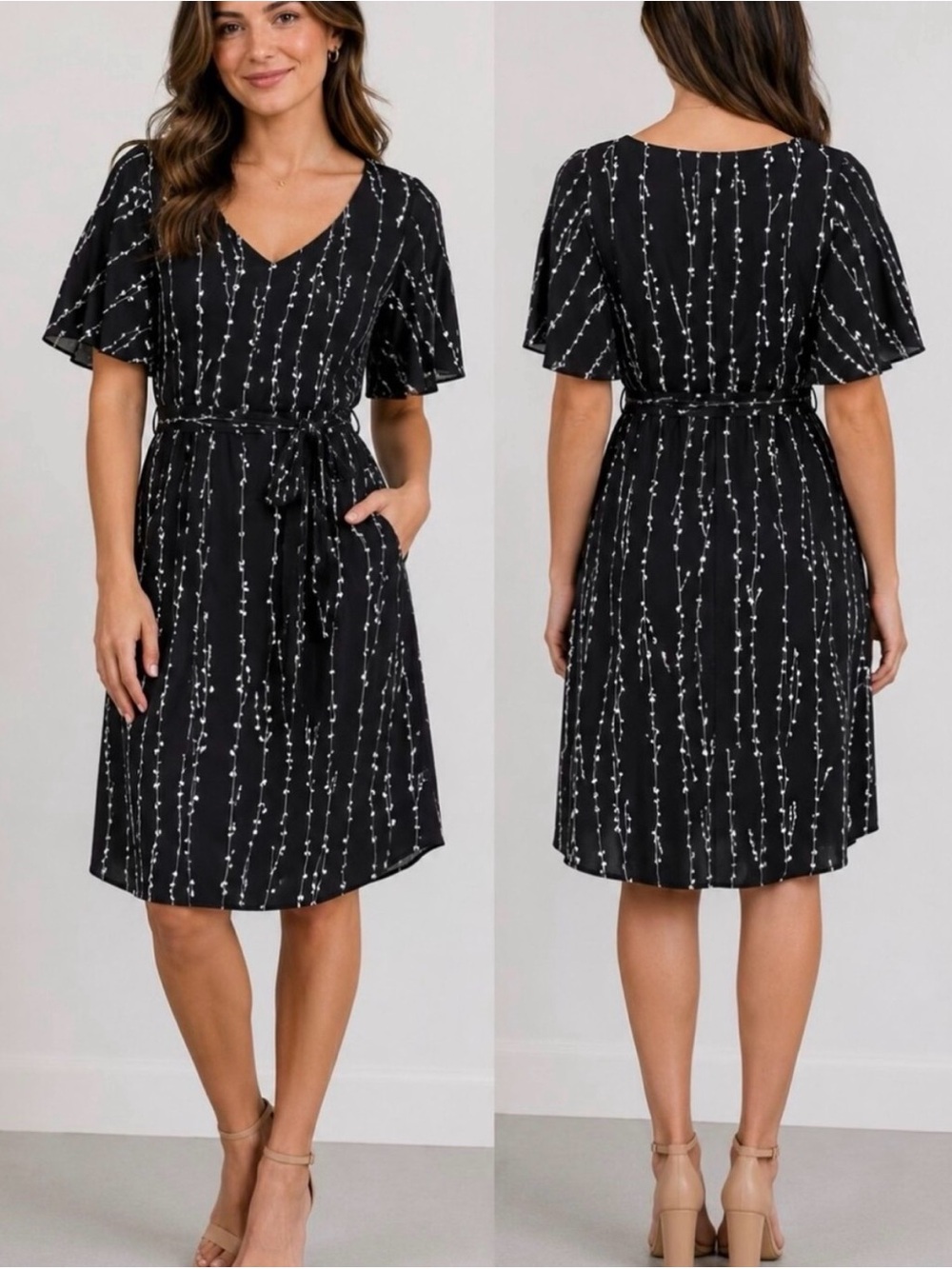 a new day Black Dress with White Floral Stripe Print